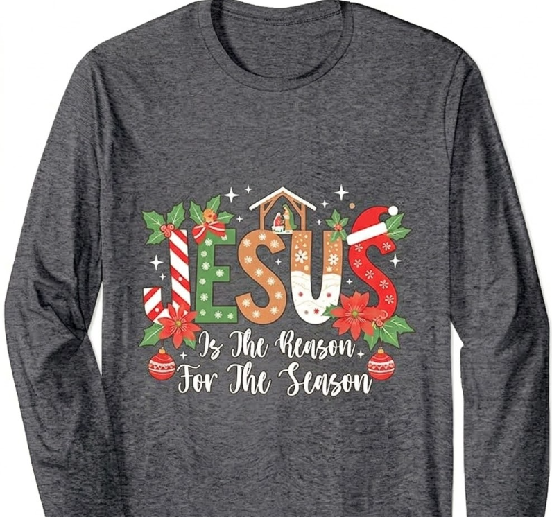 Jesus Is The Reason For The Season Religious Christmas Tree Long Sleeve T-Shirt (Gray) Medium