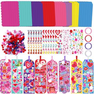 Frienda 48 Sets Valentine DIY Bookmarks Craft Kit Valentine Decorations Art Sets Blank Foam with Smile Face Hearts Owl Alphabets Stickers Pom-poms for Activity Reading Gift Exchange