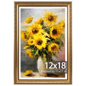 JCJMY 12x18 Vintage Picture Frame with 11x17 Mat, Elegant Retro 12 by 18 Photo Frame with Shatter-Resistant Plexiglass for Wall, Gallery Decor & Gift, Gold, 1 Pack