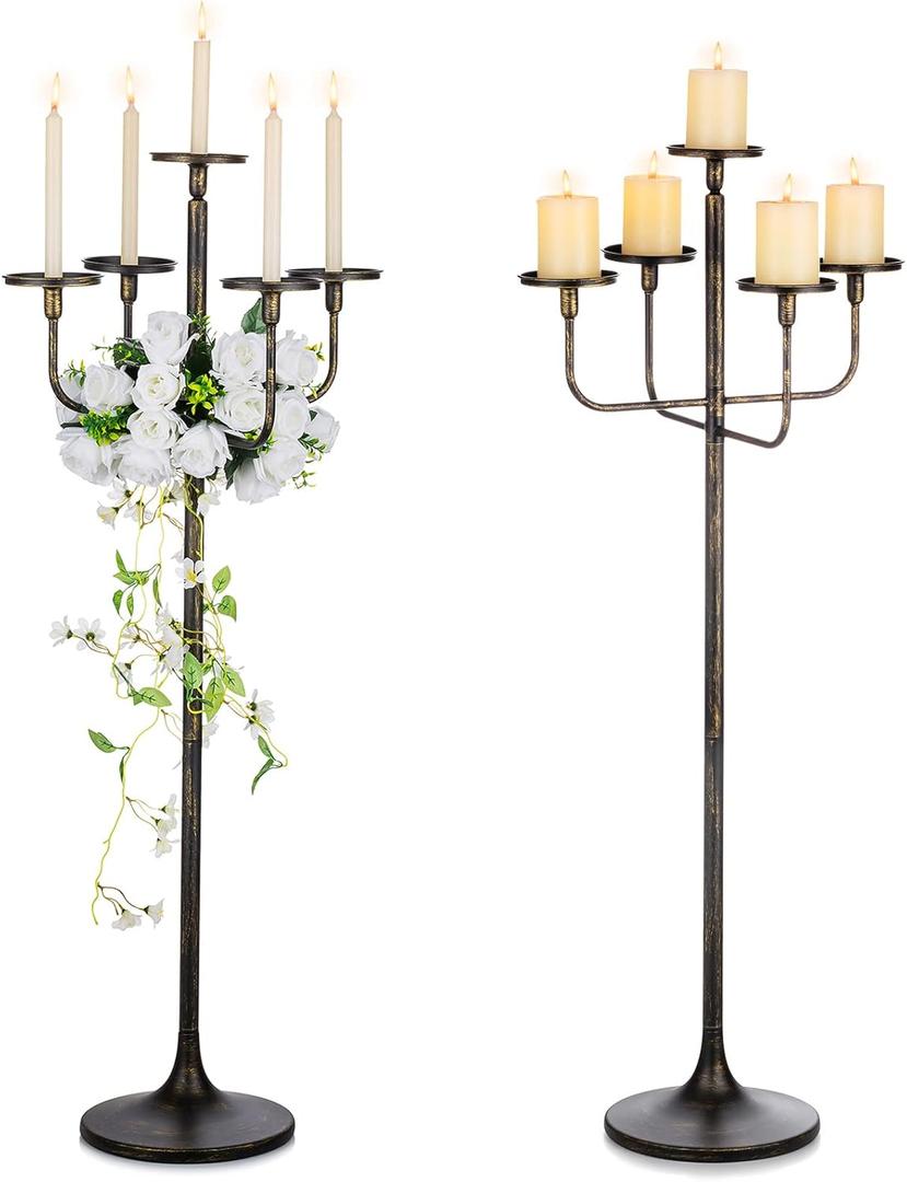 Sziqiqi 48inch Tall Candlestick Holders Floor Candelabra Black 5 Arms Candle Holders for Pillar Candles Flower Centerpiece Gothic Candles Holder for Funeral Ceremony Halloween Decor 2pcs