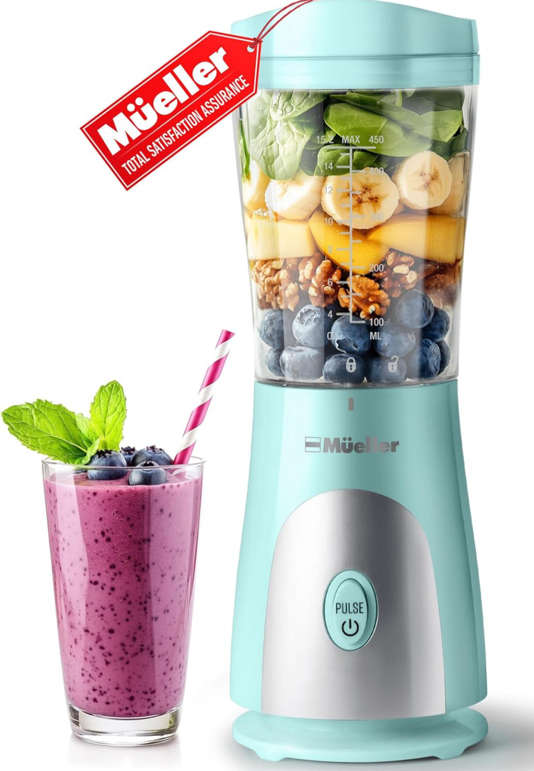 Mueller Smoothie Blender for Smoothies - Personal Blender for Shakes, Frozen Drinks, Baby Food & More, 15oz Travel Cup and Lid, Durable Stainless Steel Blades for Powerful Blending Performance