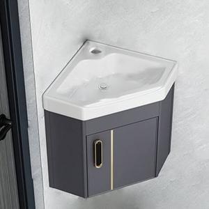 Hiliveshome 15 Inch Wall Mounted Triangular Corner Bathroom Vanity with Sink and Faucet, Floating Ceramic Basin Storage Cabinet for Small Bathroom, Space Aluminum, Gray