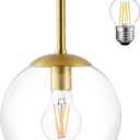 Mid Century Modern Globe Semi Flush Mount Ceiling Light Fixture, Clear Glass with Gold Brass Finish,1-Light Sphere Glass Pendant Lights for Aisle Porch Stairway Closet Kitchen Laundry Room(Bulb Incl.) (6 inch)