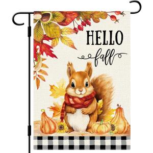 DLZDN Hello Fall Squirrel Garden Flag Autumn Pumpkins Maple Leaves Flag 12×18 Inch Double Sided Buffalo Plaid Farmhouse Yard Flag Thanksgiving Holiday Outdoor Decor