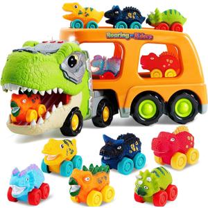 JOYIN Dinosaur Truck Toys for Kids, Kids Toys Boys Age 3 4 5, Dinosaur Car Carrier Truck Toy with 6 Rubber Car Vehicles, Toddler Birthday Gifts with Music & Lights for 3 4 5 Year Old Boys