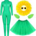 5pcs Sunflower Halloween Costumes for Women Cosplay Green Bodysuit Skirt Yellow Hood Headpiece Glasses Leaf Glove Accessory. M
