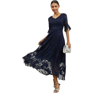 Ruffle Lace Dresses for Women Casual Flutter Sleeve Chiffon Maxi Dress Elegant Flowy Semi-Formal Dress Loose & Extra Long Dark Blue, Size: M