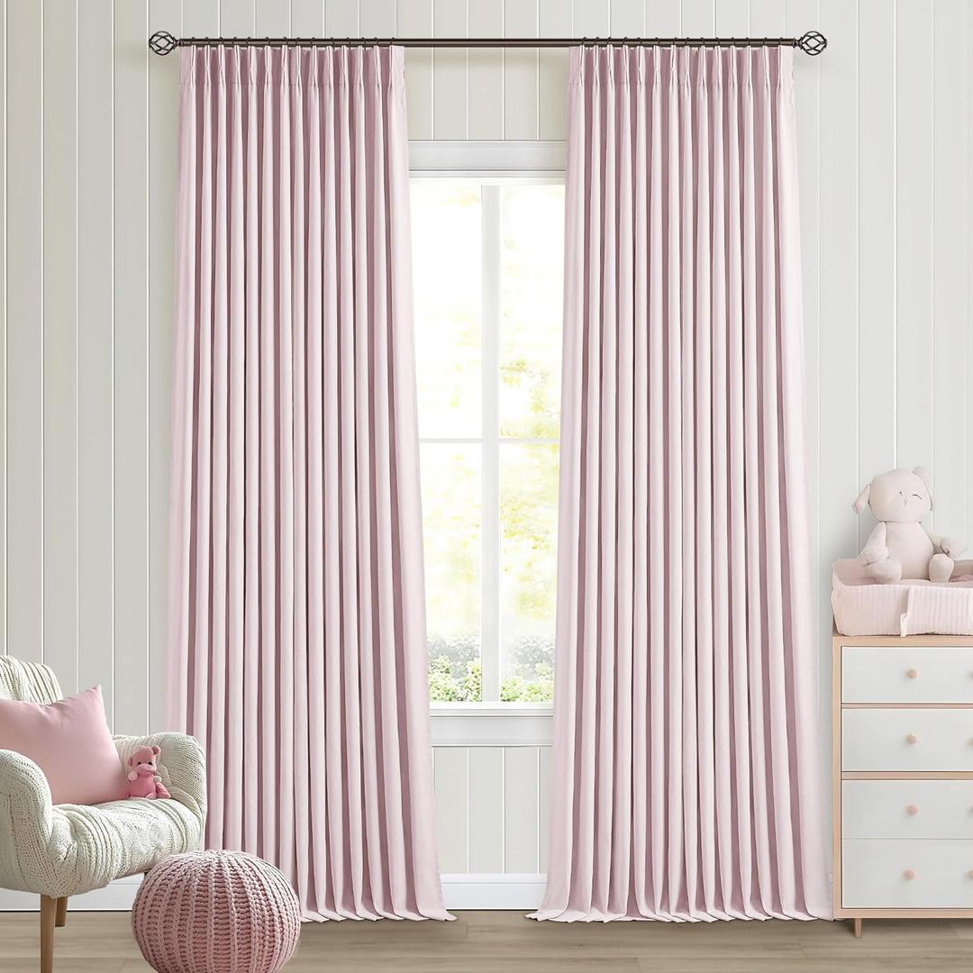 102 Inch Pink Pinch Pleated 100% Blackout Curtains for Girls Bedroom Living Room Thermal Insulated Pleated Room Darkening Light Blocking Linen 102 Inch Curtains Drape Window Panels Baby Pink Blush