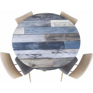 Fitted Tablecloth for Round Table, Vintage Blue Wood Grain Table Cover with Elastic Edge Waterproof Table Cloth, Farmhouse Abstract Brown Wooden Circle Table Covers for Kitchen Outdoor Picnic Party (Blue White Slategray), 44" (Round)