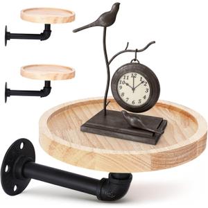 WHOLE HOUSEWARES Pipe Shelf with Round Floating Shelves - Set of 2 | Rustic Industrial Style with Metal Pipe Brackets | 7.1 x 3.3 Inches | Stylish Wall-Mounted Storage for Home Decor