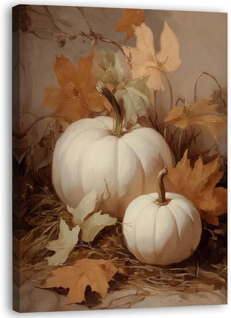 Zeuiwr Fall Artwork White Pumpkin Framed Wall Decor, Farmhouse Rustic Autumn Pumpkin Maple Leaf Canvas Wall Art, Retro Country Fall Pictures Prints for Home Bedroom Living Room Decor, 11x14 Inches