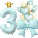 LilyZheng Baby Blue Number 3 Foil Balloon Set, 40 Inch Number Balloon with Crown, Bow & Heart Balloons for Boys and Girls 3rd Birthday, Baby Shower & Prince Party