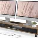 Fenge Dual Monitor Stand, 42.5inch Long Monitor Stands Riser for 2 Monitors, Sliding Door with Storage Organizer Stand for Desk, 2 Tier Desk Shelf for Laptop, Pc, Printer, Computer, TV