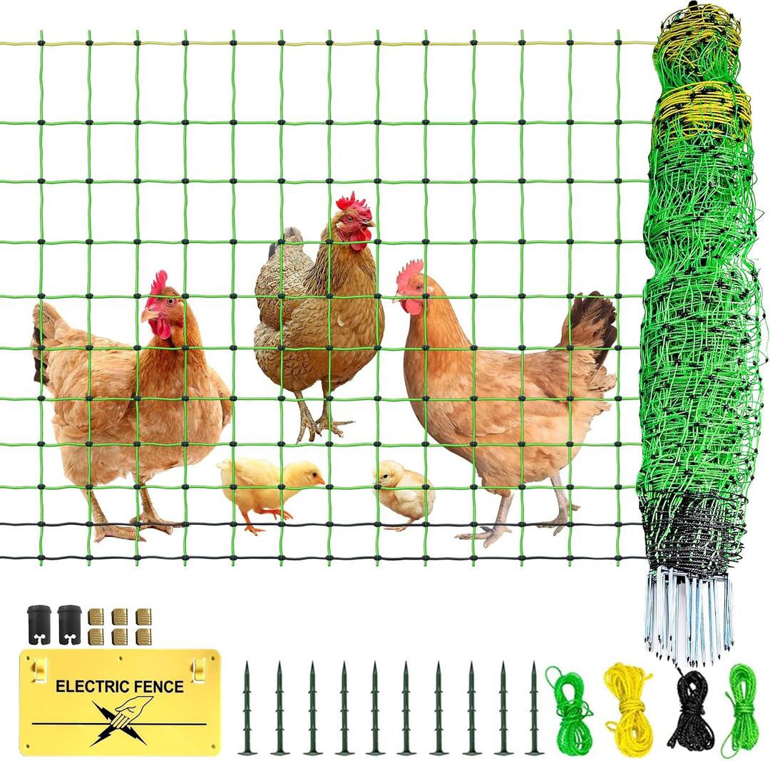 Poultry Netting Electric Fence, 47.5" H x 164' L, Portable Livestock Nets Mesh for Chickens, Ducks, Geese, Turkey, Electric Fencing for Backyards, Homesteaders, Farms, Ranches, Gardens