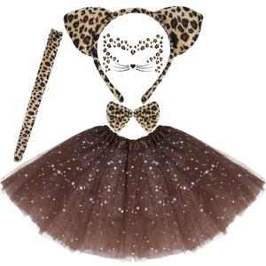 Dxhycc Cat Costume for Girls Kids Cat Ears Headband Tail Bowtie Tutu and Face Stickers for Halloween Dress Up Party (11.8 Inch, Brown)