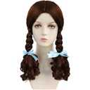 Hair Cap+18 inches Long Brown Wig with Double Braids Brown Braid Wig with Blue Ribbons Adult Middle Parted Outfit for Women Long Curly Costume Wavy Synthetic Hair for Halloween Theme Party