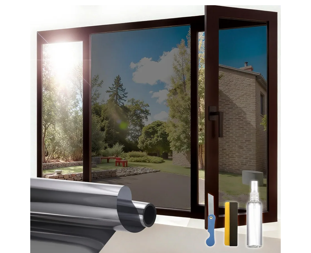 One Way Window Privacy Film, Sun Blocking Anti UV Reflective Static Cling, Window Tint for Home and Office, No Glue Garage Solar Paper, Black Silver, 35.43"x78.7"
