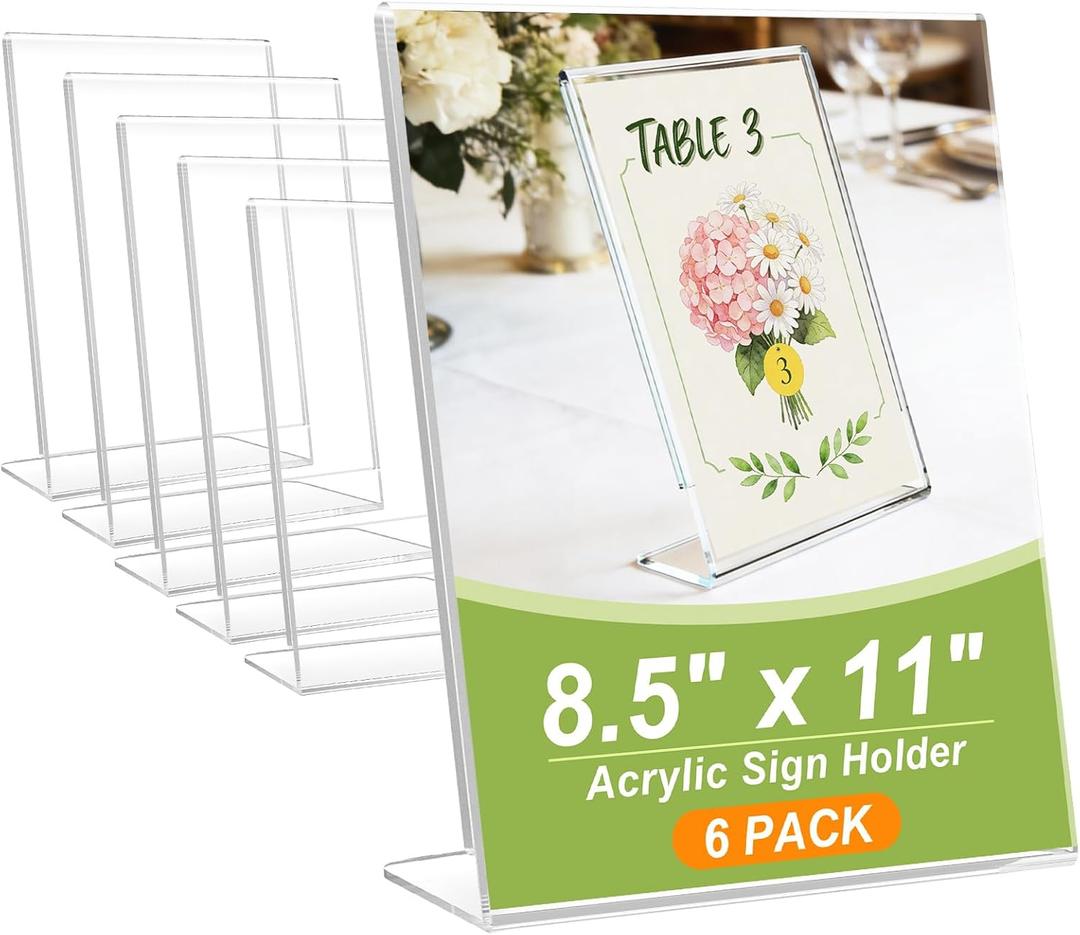 6 Pack Acrylic Sign Stand Holders, 8.5 x 11 Clear Plastic L Shape Table Paper Display Stand, Suit for Displaying Posters, Picture, Flyers, Menu