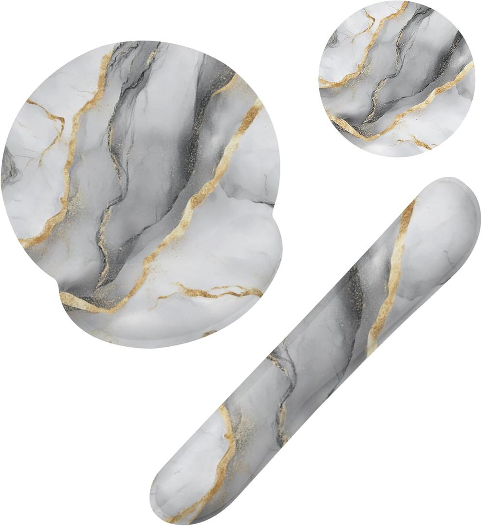Gray White Gold Marble Keyboard Wrist Rest Pad Mouse Pad Set,Ergonomic Mousepad Wrist Support Memory Foam Desk Pad for Gaming Office,Non-Slip Rubber Base Easy Typing for Home Office Computers
