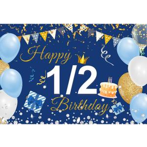 YongFoto Happy 1/2 Birthday Backdrop 5x3ft Balloons Cake Gift Box Blue Photography Background 6 Months Baby Half Bday Party Banner Decor Cake Table Supplies Photoshoot Wallpaper Photo Booth Props
