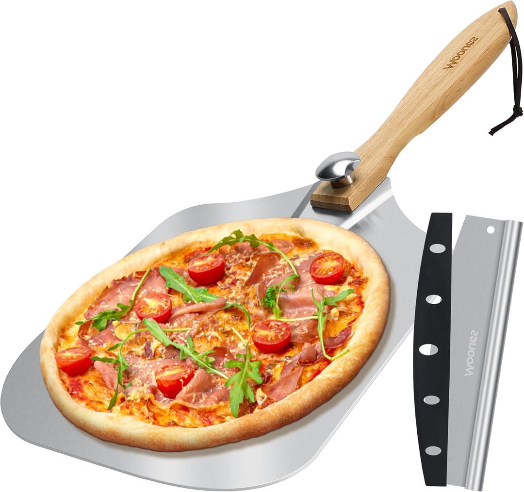 12 inch Aluminum Metal Pizza Peel with Foldable Wood Handle, Easy to Storage And Clean Pizza Spatula Paddle Pizza Oven Accessories for Family Pizza Oven Baking Pizza