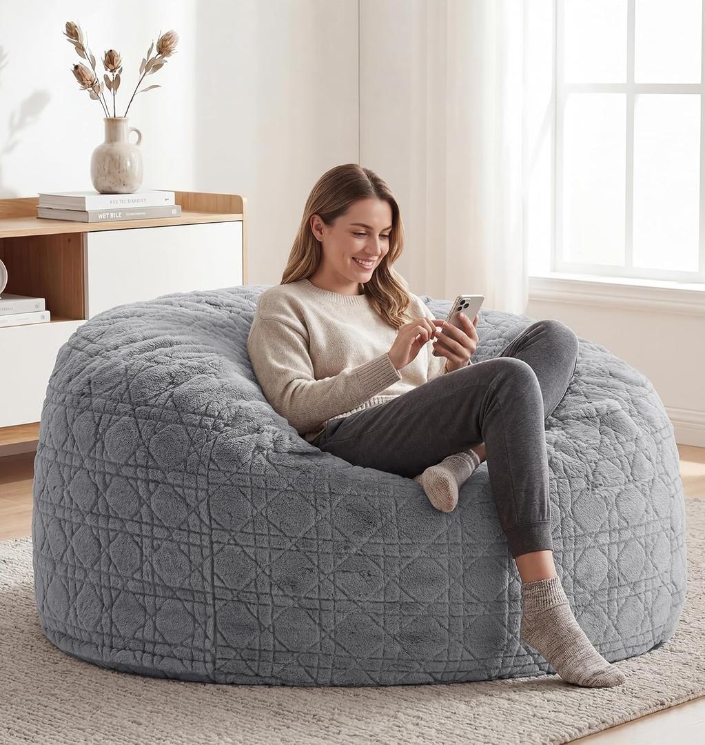 fond + found Large Bean Bag Chair with Plush Quilted Cover, 4FT Grey | Plush Quilted Fabric, Portable Handle, Removable Cover, Pocket, Reading, Gaming, Relaxing, Living Room, Bedroom, Large