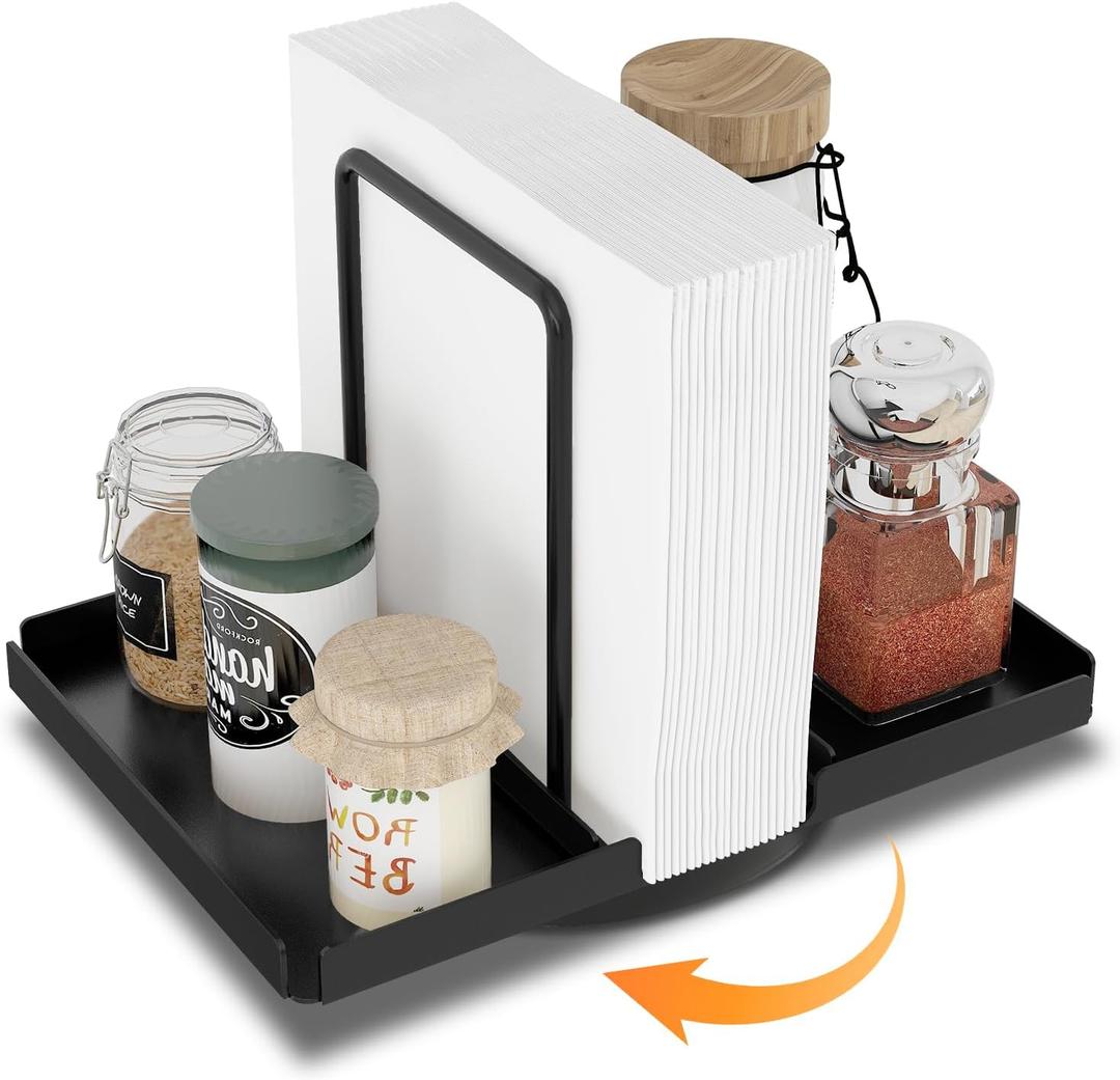 Napkin Holder for Table, 360 Rotating Metal Napkin Holder with Salt and Pepper Shakers Caddy, Standing Paper Napkin Storage for Kitchen Dining Table Decor, Black