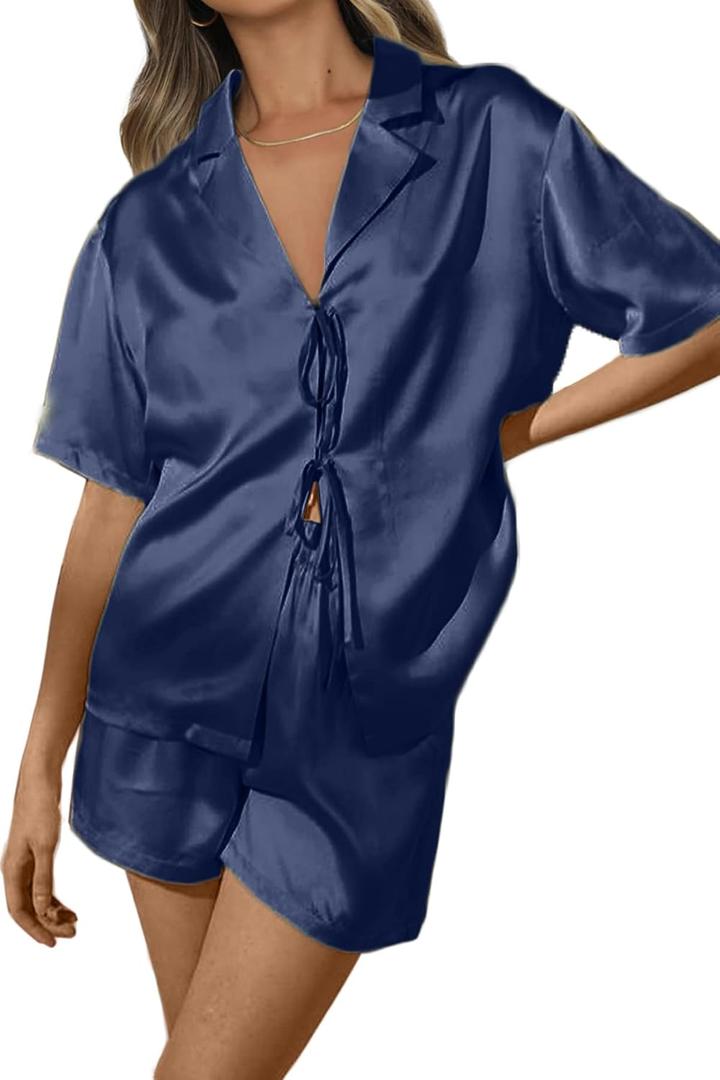 CHYRII Women's Silk Satin Pajamas Sets Tie Front Short Sleeve Tops and Shorts Two Piece Pj Sets Sleepwear (Blue, S)