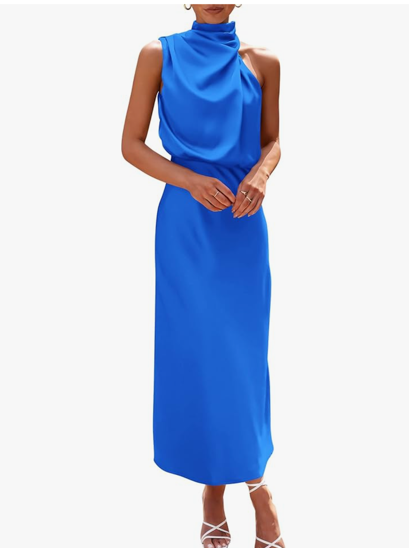 PRETTYGARDEN Women's 2026 Summer Satin Dress Elegant Sleeveless Mock Neck Cocktail Party Maxi Dresses. Size Large