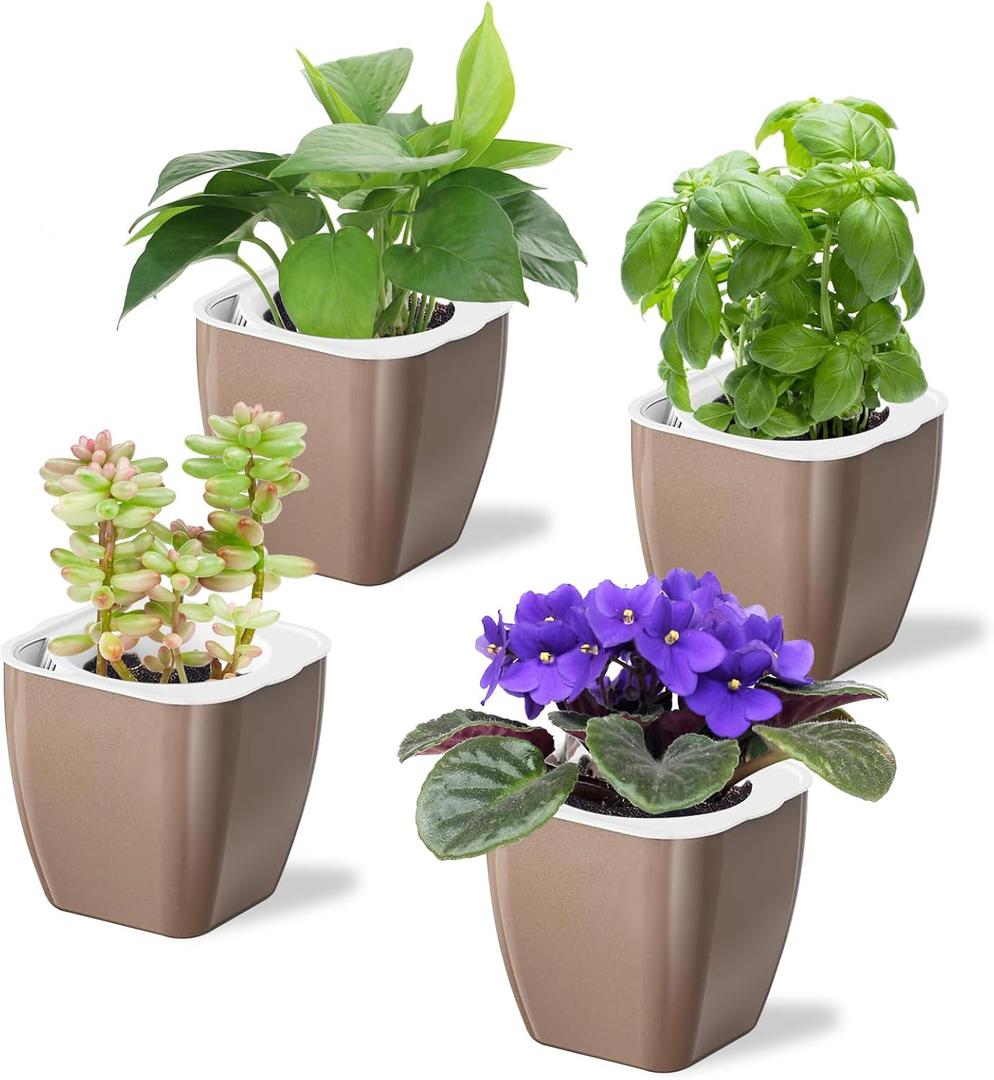 Oliz 4 Pack Self Watering Pots 4-inch Decorative Flower Planters for Indoor Plants Modern Square planters for Small Plants Window Sill Planters for Succulents, African Violets, Herbs
