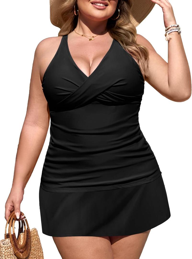 NIeyook Plus Size Swimsuits for Women Two Piece Tankini Bathing Suit with Skirt 2026 V-Neck Tummy Control Swimwear (Black) 14 Plus