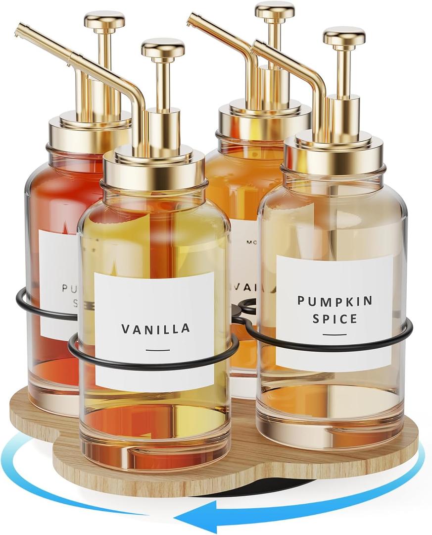 THYGIFTREE Rotating Coffee Syrup Organizer 4 Bottles Syrup Rack for Countertop Wood Bottle Holder Stand for Coffee Bar Station, Wood