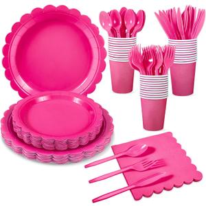 175 Pcs Hot Pink Paper Plates and Napkins, 25 Guest Hot Pink Supplies Include Scalloped Party Plates Napkins Cups Plastic Cutlery Set for Birthday, Bridal Shower