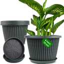 Large-Planter-Indoor-Outdoor Plant Pots, 14 inch 4 Pack Plastic Flower Pots with Saucer And Drainage Holes, Modern Garden Planters For Planting Medium Large Plants, Decorative Resin Garden Pots (Dark Green)