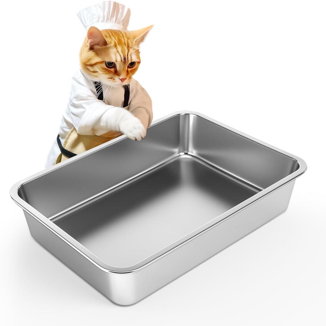 IKITCHEN Stainless Steel Cat Litter Box, Large Metal Litter Pan for Cats Rabbits, Kitty Litter Box Never Absorbs Odors, Low Side Entry Non Stick, Easy Clean 17.5 x 13.5 x 4 inches
