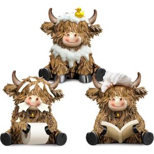 3 Pcs Highland Cow Bathroom Figurines Bathroom Theme Highland Cow Gnomes Bath Decor Resin Statue Calf Lovers Gifts for Farmhouse Home Garden Kitchen Office Tiered Tray Table Decor
