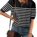 ZESICA Women's Casual Striped Tops Short Sleeve Crew Neck Ribbed Knit T Shirts Comfy Loose Basic Pullover Sweater (Black)