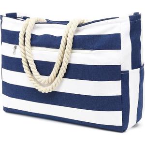 Large Beach Bag for Women, Waterproof Travel Tote Bag with Lunch/Wet Pocket for Weekender, Sandproof, Zipper Closure (Canvas,large - Dark Blue)