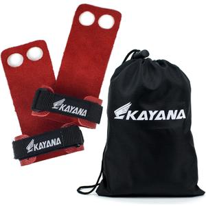 KAYANA 2 Hole Leather Gymnastics Hand Grips - Palm Protection and Wrist Support for Cross Training, Kettlebells, Pull ups, Weightlifting, Chin ups, Workout, & Exercise (Youth Small, Red)