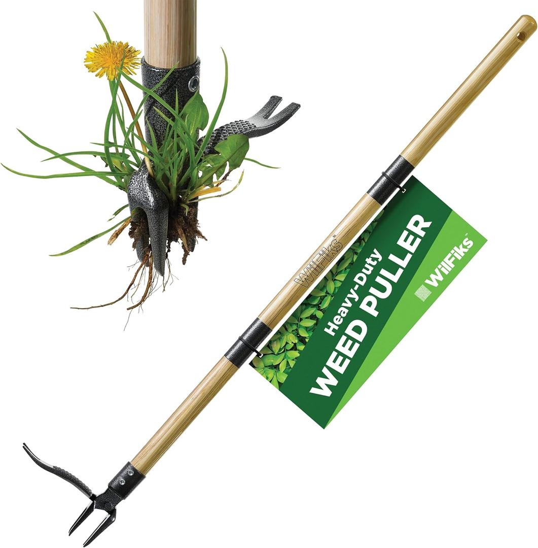 Weed Puller Tool, Stand Up Heavy Duty Weed Remover Tool, Foot Platform Design - Wooden 41 Inches Long Handle - 4 Claw Steel Head Weeder Tool, Garden Hand Weeding Tool Smoothly Remove Weeds