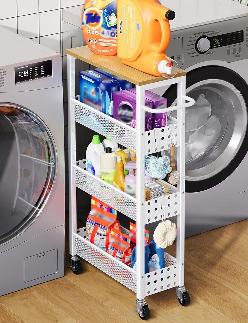 Slim Rolling Storage Cart, Laundry Room Organization and Storage Shelves for Between Washer and Dryer, Narrow Shelf Unit for Small Spaces, 4 Tier Thin Organizer Carts with Wheels for Bathroom, Kitchen