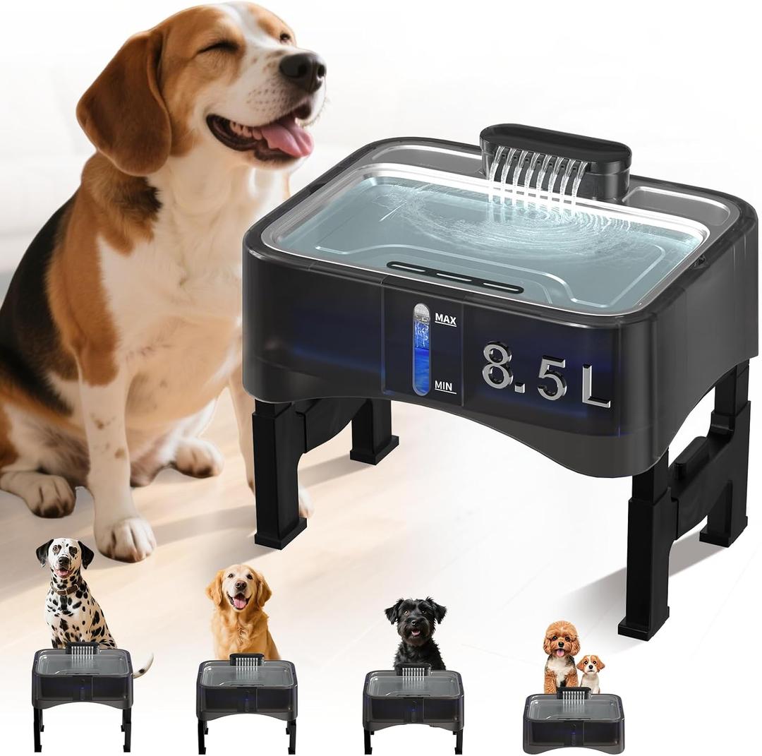 8.5L/2.25Gal Elevated Dog Water Fountain, Xetino 4 Height Adjustable Raised Dog Water Bowl Dispenser for Large Dogs with Stainless Steel Tray, Pet Water Fountain with Ultra Quiet Pump and Filter (Black)