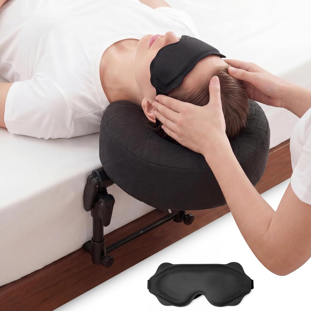 PakWizz Massage Headrest for Bed, Adjustable Bed Massage Head Holder with Face Cradle, Portable Massage Table Headrest for Mattress 5''-18'', Face Down Pillow for Home & Bedside Use, Black
