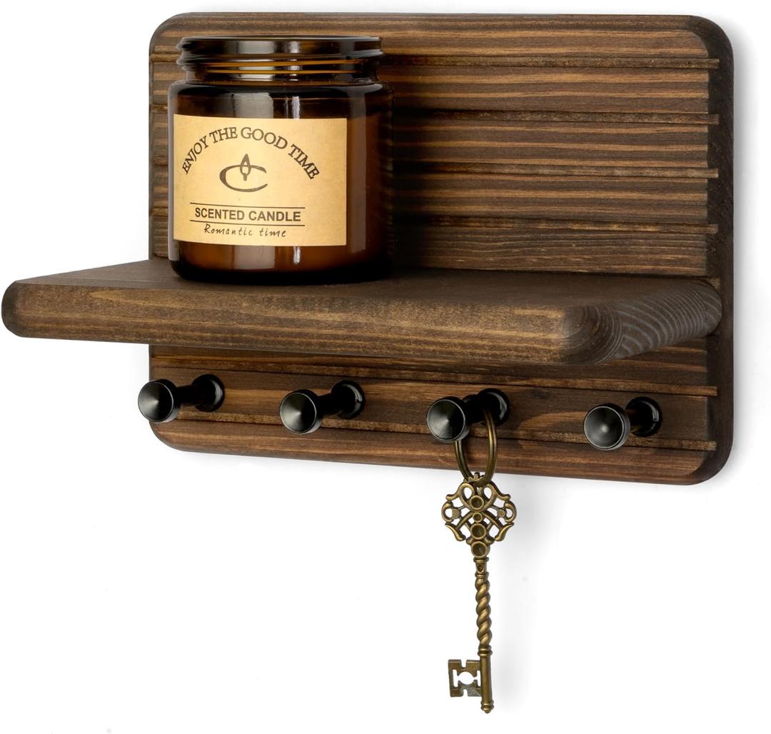 Rebee Vision Small Farmhouse Key Holder Wall Mount for Home Decor Mini 7-inch Wooden Key Holder for Wall with 4 Hooks & Floating Shelf - Apartment Essentials for a Tidy & Trendy House (Brown)