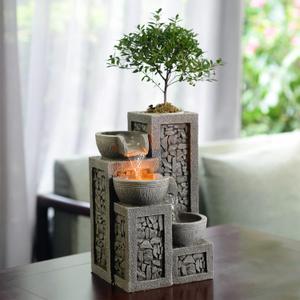 Kalona Indoor Tabletop Water Fountain  3-Tier Resin Waterfall with LED Lights, Mini Bonsai Planter & Cascading Water Flow  Soothing Desk Fountain for Home, Office, Meditation Decor(22024) (Gray)