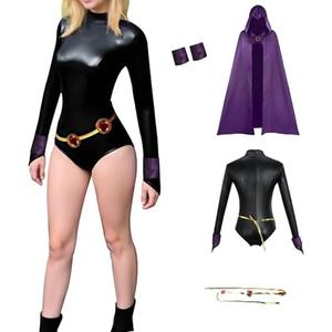 Tokisaki Women's Purple Cosplay Costume Jumpsuit Hooded Cape Cloak with Red Gem Belt Halloween Bodysuit XXL