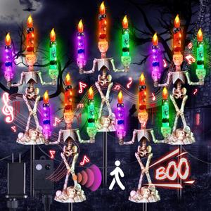 35 Inch Halloween Candle Light Stakes With 6 Modes Music Sync Spooky Sounds, 5 Pack Large Skeleton Hands Hold Candle Pathway Lights for Yard Lawn Outdoor Decorations