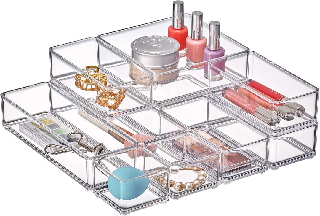 Amazing Abby - QuickSort - Plastic Stackable Organizers (10-Piece Set) for Vanity and Desk Drawer, Perfect Storage Solution for Beauty Products, Office Supplies, Decorative Items, and More