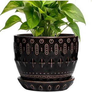 G EPGardening Ceramic Pot for Plants 5.5 Inch - Ceramic Plant Pot Indoor with Drainage Hole and Saucer, Round Boho Planter for Indoor Plants Outdoor, Housewarming Gifts, Garden Office Decor, Black