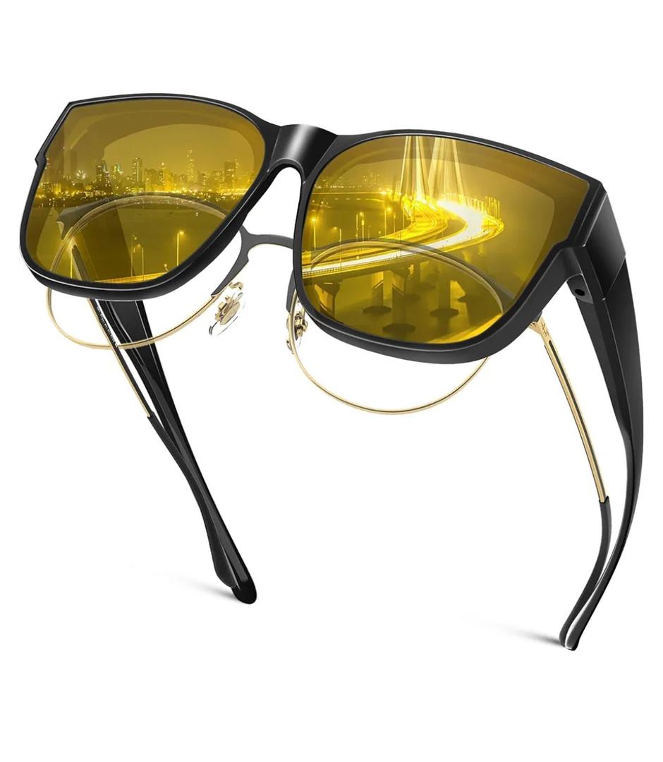 2 Pack Night Vision Driving Glasses Fit Over Eyeglasses for Men Women, Anti Glare Polarized Night time Glasses Yellow Lens